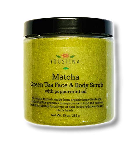 Organic Matcha Green Tea Face, Body and Foot Emulsified Rice and Sugar Scrub with French Green clay, Peppermint and Tea Tree Essential Oils 10 oz by Youstina Naturals