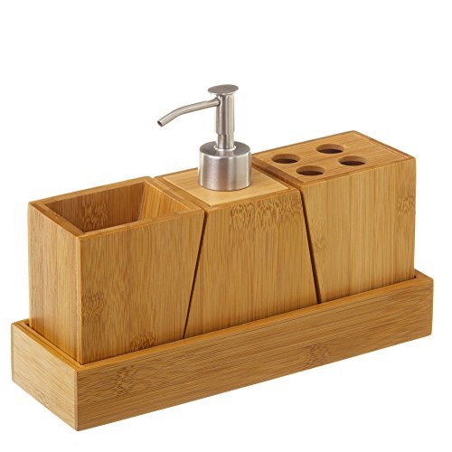 BAKAJI Set da Bagno 3pz con Dispenser Sapone Bicchiere e Portaspazzolini in Legno di Bambu'...