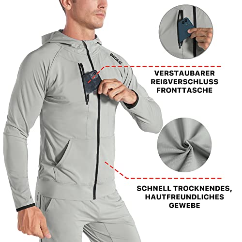 BROKIG Leichte Hoodie Herren,Schnelltrocknende Laufjacke Atmungsaktives Kapuzenpullover Trainingsjacke mit Reißverschluss(Hellgrau,M)