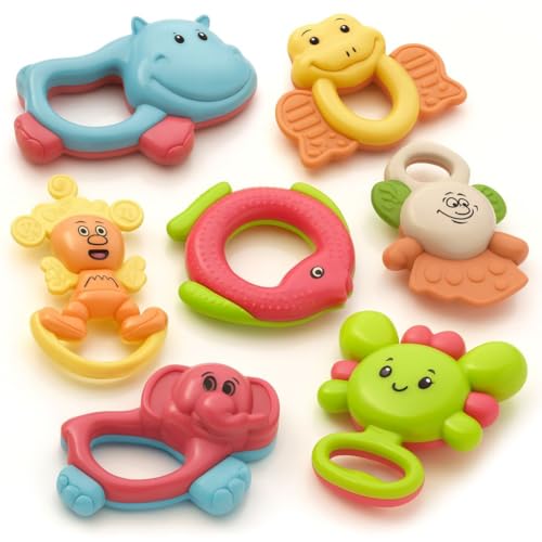 Image of Cable World Bath Toy Infant Colourful Plastic Non Toxic Set of 7 Attractive Big Size Rattles and Teathers, Bath Toy for Kids, New Borns, Baby