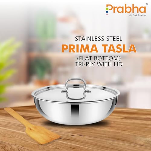 Image of Prabha Stainless Steel Prima Tasla with Flat Bottom, Included Lid, Tasla, 22cm, 2.2 L Capacity, Perfect for Kitchen Need, Induction and Gas Stove Compatible