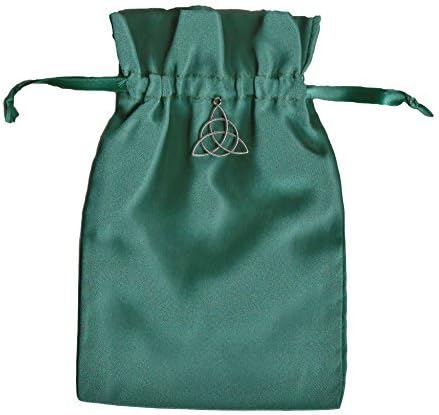 Tarot Rune Gift Bag with Irish Celtic Knot Triquetra Charm Forest Green Satin 5 inch x 8 inch