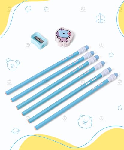 Image of SHAKTISM Beautiful Stationery Set with Pencil, Eraser, Pencil Box, Sharpener, Combo School Stationery Set for Kids - 9pcs (BTS-Blue)