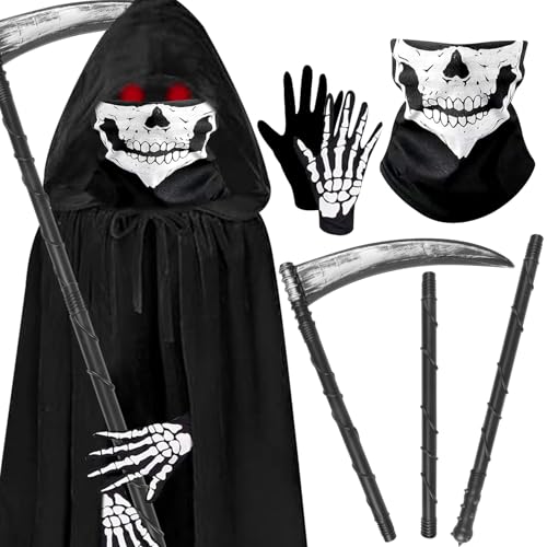 Auirshiky Sensenmann Kostüm Kinder, Halloween Kostüm Set mit Schädelmaske, Sense und Handschuhe, Umhang mit Kapuze Vampir Kostüm, Unisex Umhang für Halloween Dekoration Cosplay Karneval (60cm)
