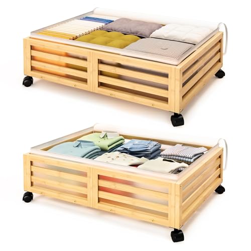 Zixpal Under Bed Storage Containers - Bamboo Underbed Storage with Dust Bags, Under Bed Storage with Wheels, Stackable Under Bed Shoe Drawer Storage for Clothes Blankets Bedding Toys - 2 PCS Natural