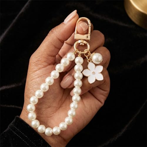 2 Pcs Handykette Perlen Kurz, Handykette Naturstein und Kunstperlen Kurz, Handy Kette Universal, Handyanhänger, Handschlaufe, Handyband, Schlüsselanhänger Perlen für Frau Mädchen, Rosa und Weiß