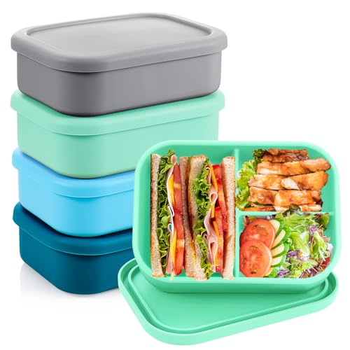 Image of Layhit 4 Pcs Silicone Bento Box for Adults, 27 oz Bento Lunch Container Reusable Food Container for Women Men, Leak Proof Microwave Dishwasher Freezer Safe (3 Compartments,Cool Colors)