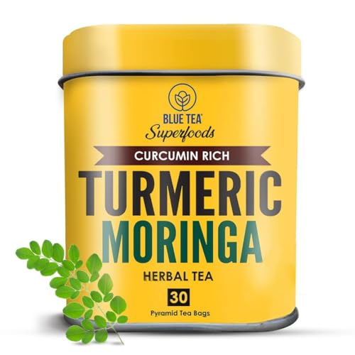 BLUE TEA – Turmeric Tea – Moringa – 30 Count – Pyramid Plant Based Tea Bag | CURCUMIN RICH – HERBAL BLEND | Caffeine Free – Vegan – Herbal Tea – Mild Flavor – Healthy | Reusable Tin Pack
