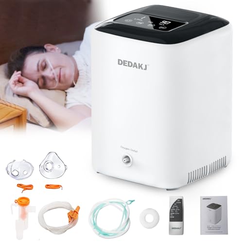 DEDAKJ Concentrador de Oxígeno, 1-7L/min Flujo Ajustable, Máquina de Oxígeno 93% de alta Concentración ≤39±3db Super Silencioso auto-humectación, Función de Atomización, Adecuado para Viajes, Hogar