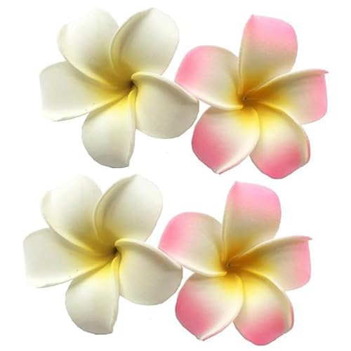 4 pinzas para el pelo de 7 cm de espuma colorida hawaiana frangipani artificiales de plumeria para sombrero, color blanco y rosa, para fiesta, playa, fiesta, playa, decoración de tocados, clips