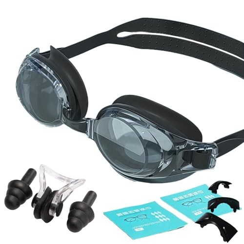 HSTWODE 1 occhialini da nuoto ottici con visione da -1,5 a -9,0, anti-appannamento, occhiali da nuoto monoblocco con tappi per le orecchie, per uomo e donna (nero, -7,0)