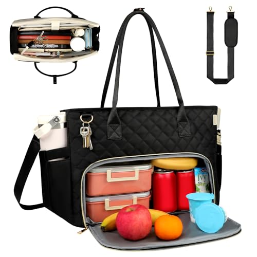 SIYNPAV 3 in 1 Work Tote Bag with Insulated Lunch Compartment, 15.6 Inch Laptop Tote Bag Quilted Nylon Lunch Tote with Water Bottle Pocket for Women Tea Nurse Business Sch (Black) by SIYNPAV - Used condition - US$16.49