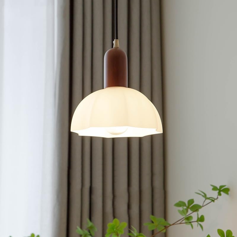 Lampe LED suspendue en verre blanc et bois de noyer pour intérieur moderne