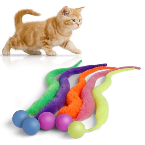 SHENGSEN Bouncy Ball with Tail Cat Toys-5 Packs Magic Worm with Ball Toy for Cats Fuzzy Worm Bouncy Balls Cat Toy