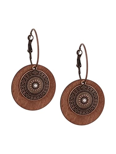 MINACHI Vintage Boho Multilayered Antique Metal Flower Charm Wooden Disc Dangle Drop Earrings, Bohemian Statement Jewelry Gift for Women