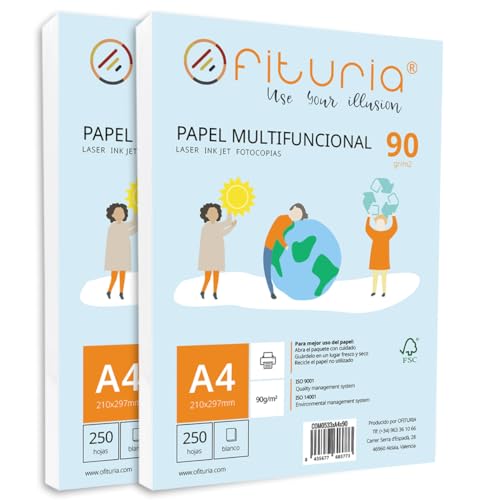 Paquete de folios A4 de 90gr con 500 Hojas Blancas, Papel Multifuncional para Uso Escolar y Entornos Laborales. Ideal con impresoras láser, de inyección o fotocopiadoras - Ofituria