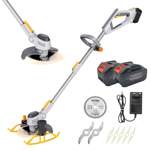 Desbrozadora de malezas inalámbrica, cortadora de césped eléctrica de Mano con 3 Tipos de Cuchillas, cortadora de césped con batería Liviana con 2 baterías de 6000 mAh, Pantalla de energía