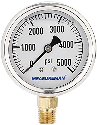 Measureman 2-1/2" Dial Size, Glycerin Filled Pressure Gauge, 0-100psi/kpa, 304 Stainless Steel Case, 1/4"NPT Lower Mount