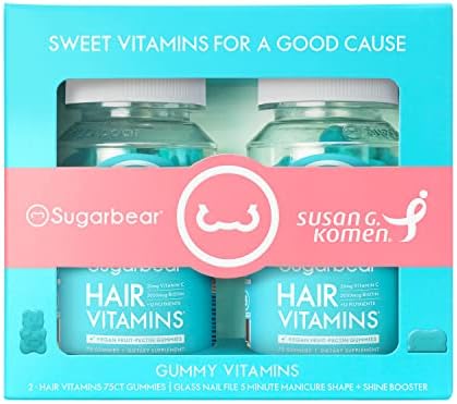 Sugarbear Hair Vitamin Gummies for Normal Hair & Nails Growth with Vegan Vitamin C, B12, Biotin, Zinc, Iodine, Folate, Coconut Oil, Hair Supplement for Women & Men Susan G. Koman Gift Set + Nail File