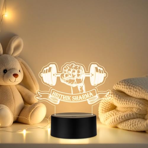 Image of 3D Illusion Gym Theme Hand with Weight Fitness Led Desk Table Lamp | Personalized with Name | Gift for Gym Lover & Gym Trainer | Warm White Light & USB Powered