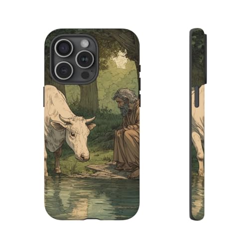 Coque iPhone 15 Pro Max Riverbank rigide mate avec motif vache et homme barbu