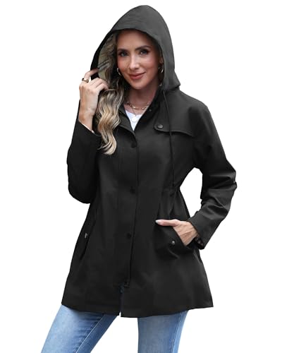 RUMIA Raincoat Women Waterproof Long Hooded Trench Coats Lined Windbreaker Jackets for Women 2026 Black L
