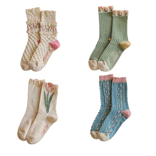 4 Pairs tulip Cute Socks, Women's Lace Ruffles Ankle Casual Sock, Cottagecore Breathable Mid Tube Socks, Floral Crew Socks