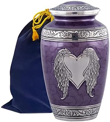 Angel Wings Urn - Loving Angel Wings Cremation Urn for Ashes - Handcrafted Angel Wings & Heart Adult Urn - Large Wings of Love Memorial Urn with Velvet Bag (Purple)