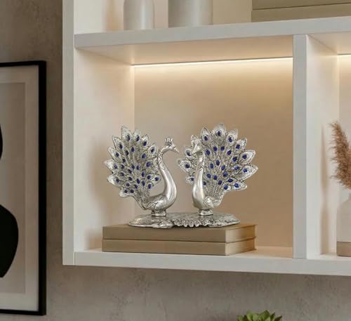 Image of KridayKraft Double Peacock Metal Statue, Lovers Peacock Couple, Animal Showpiece Figurines, Feng Shui as Table Top Figurine for Living Room, Office, Bedroom, Decorative (Silver)