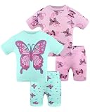DAUGHTER QUEEN Flower Pajamas for Little Girls Summer Pjs 4T Toddler Kids 4 Piece 100% Cotton Short Sleeve Pj Sets Sleepwear Jammies Butterfly Clothes Size 4 Year Old XS