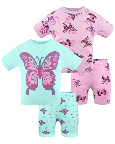 DAUGHTER QUEEN Flower Pajamas for Little Girls Summer Pjs 4T Toddler Kids 4 Piece 100% Cotton Short Sleeve Pj Sets Sleepwear Jammies Butterfly Clothes Size 4 Year Old XS