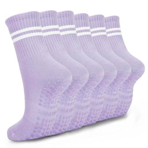 6 Pairs Pilates Socks with Grips for Women, Non-Slip Yoga Striped Crew Sock for Barre Hospital Workout
