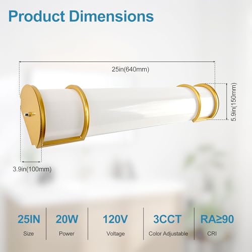 Image of Lightdot LED 25 Inch Flush Mount Vanity Lighting Fixture, 20W 2125LM 3000 /4000 /5000K 120V | 3CCT Dimmable Farmhouse Bathroom Light Bar, Waterproof Linear Wall Light Bar, Long Tube Bath Sconce-Gold
