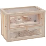 PawHut Wooden Hamster Cage, Gerbil Cage with Platforms, Ramp, Mouse Mice Rodent Small Animals Hutch, Exercise Play House, 60 x 35 x 42cm, Natural Wood Finish