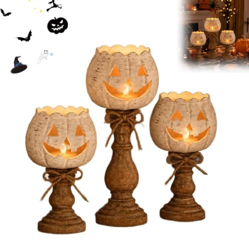 Rustic White Pumpkin Tealight Candle Holder Set Farmhouse Halloween Pumpkin Tea Light Candle Holders with Wood Look Pedestal & Jute Bow Fall Tables Decor for Thanksgiving & Halloween Party