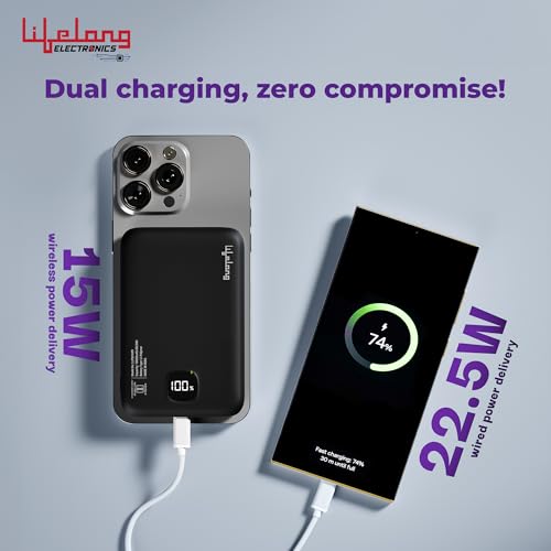 Image of Lifelong Electronics 10000mAh MagSafe Wireless Fast Charging Power Bank for iPhone, Apple AirPods and All Qi Enabled Phones & Devices | USB Type C Port | Small Pocket Size | Strong Magnet & Extra Ring