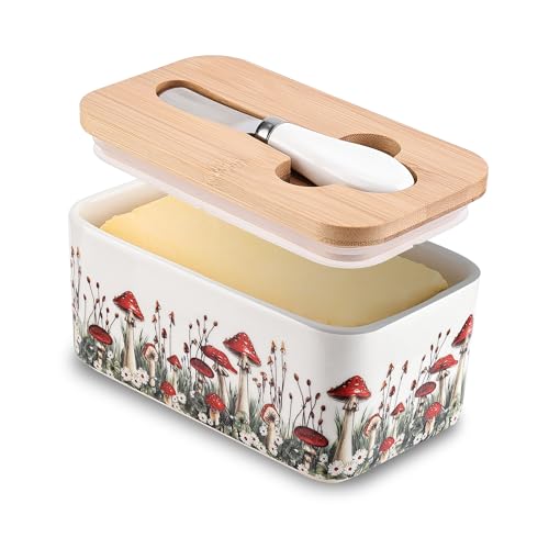 Fungi Fun Ceramic Mushroom Butter Dish with Lid Large Countertop