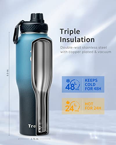Trebo 32Oz Insulated Water Bottle That Fits In Cup Holder, Stainless Steel Double Wall Tumbler Flask Bottles With Paracord Handle, With Straw Spout Lids, Keep Cold For 48 Hrs/Hot 24 Hrs,Indigo/Black #TOP2