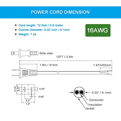 12FT Replacement Power Cord 2 Prong 16 AWG Polarized Open End Wire 13A 1625W Replace Old 120V AC Power Supply Pigtail Cords 2C Wire SJT 16 Gauge Repairing Round Cord Black by E ENERSYSTEC - Used condition - Image 5