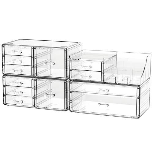 Cq acrylic 4 Pack Clear Makeup Organizer for Counter,12 Drawers Stackable Skincare Organizer,Large Cosmetic Storage Organizer for Jewelry,Hair Accessory,Beauty,Skin Care,Vanity Organizers and Storage