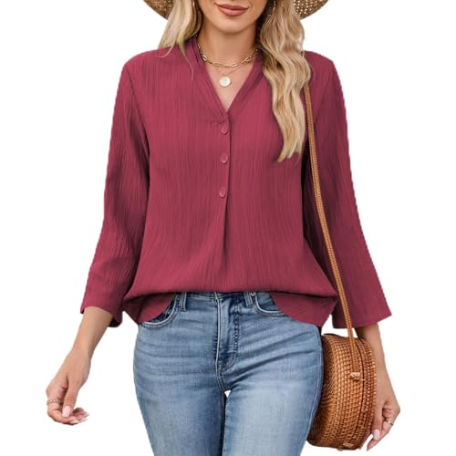 Image of Quatrefox Tops for Women UK Ladies 3/4 Sleeve Tshirts Casual V Neck T Shirt Womens Textured Blouse Curved Hem Top (Wine Red, M)