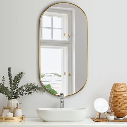 Oikiture Oval Wall Mirror 84 x 50cm Make Up Mirror for Home Bedroom Living Room Gold