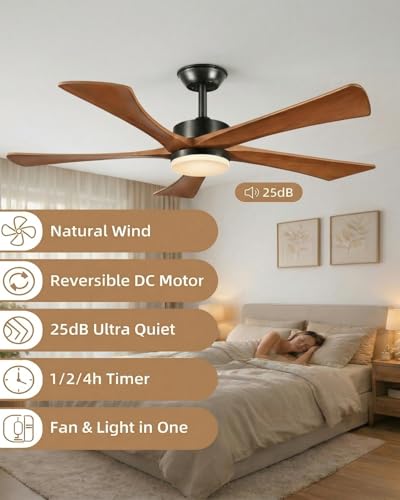 Yahada 52 Inch Ceiling Fans with Lights and Remote Control, USA Original Patent Outdoor Ceiling Fan, Etl Listed, High CFM Quiet Reversible Noiseless Dc Motor, 5 Blades, 6 Speeds, Walnut Wood thumbnail 6