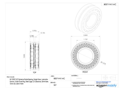 image for SKF 22207 E/C2 Spherical Radial Bearing, Straight Bore, Lubrication Gr