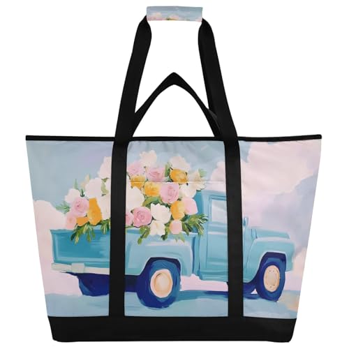 Truck Flower Watercolor Large Insulated Tote Bag for Grocery Shopping Reusable Tote Bags for Women Men, Cooler Bag with Zippered Top & Handles for Beach Picnic Travel