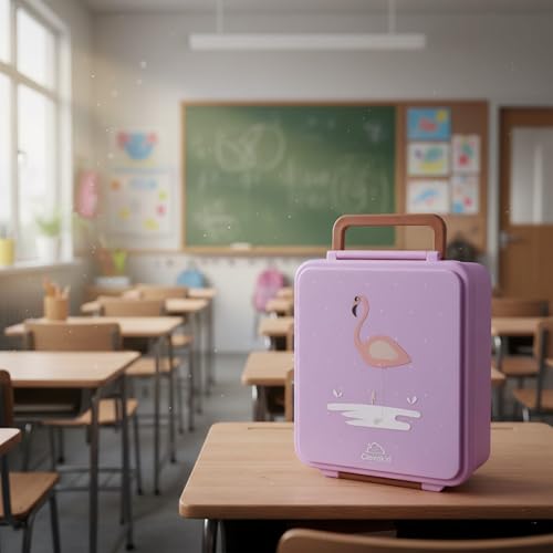 Image of Bento Mega Lunch Box, carrying handle - 4 No-Mix Compartments | Microwave & Dishwasher Safe | for Adult, Preschool, School 1600ML, OZ (Purple Light ClevaMingoo Friend)