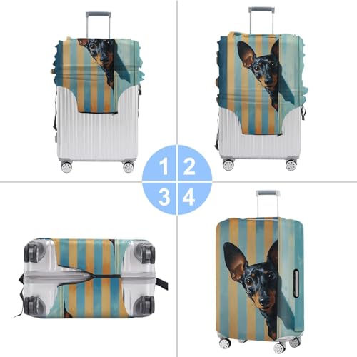 Image of Luggage Cover with Manchester Terrier Design - Stylish Dog Print Suitcase Protector with Blue and Yellow Stripes - Fits 28-30 Inch Travel Luggage,L