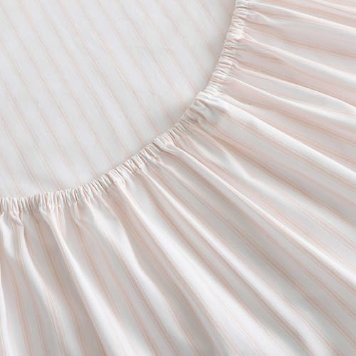 Image of Martha Stewart - Queen Size Sheets Set, Crisp & Tailored Cooling Sheets with a Smooth Cotton Percale Lightweight Feel - Bed Sheets with Matching Pillowcases & Fitted Sheet (Ticking Stripe Pink)