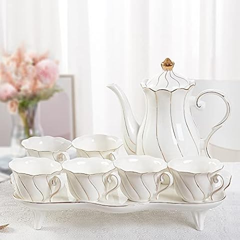 DUJUST 14 Teiliges Teeservice mit 6 Tabletts und -Löffeln, Luxuriöses Kaffeetassen-Set im Britischen Stil mit Goldenem Rand, Schönes Porzellan-Tee-Set Cover