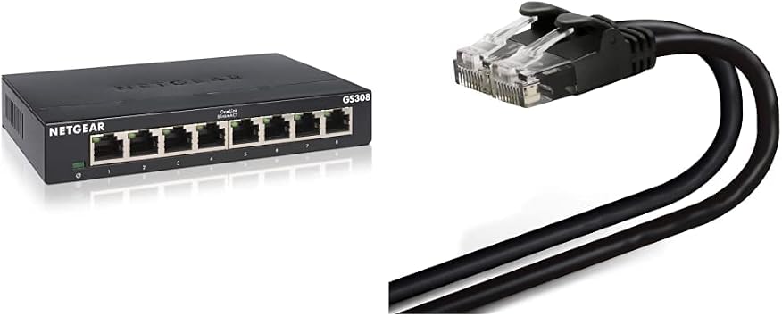 NETGEAR GS308 Desktop Compact Unmanaged Switching Hub GS308 Gigabit 8 Ports, Silent Fanless, Power Saving Design, Elecom LD-GPY/BK3 LAN Cable, CAT6 Cable, Cat6 Compliant